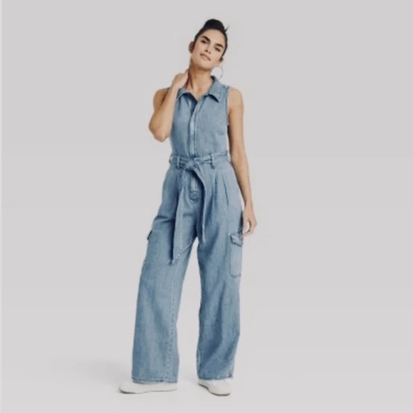 Universal Thread Pants - Universal Thread Denim Sleeveless Wide Leg Cargo Utility Jumpsuit Size 6 NWT